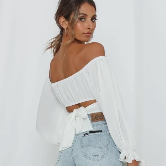 White off the shoulder tie back crop top - Picture 3 of 5